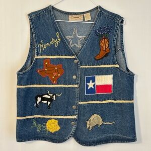 Vintage Rhythm Blue Denim Vest with Texas Motifs Embroidered Cowgirl